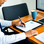 A focused professional individual, fully clothed in modest business casual attire, is seated comfortably at a modern, well-lit study desk. They are actively engaged with a tablet, which displays a digital flashcard interface, indicating the use of a spaced repetition system. Nearby are neatly stacked books, a pen, and a warm beverage. The background is a blurred, inviting modern office or home study environment, emphasizing concentration without distraction. The overall image conveys a sense of quiet dedication and intellectual pursuit. professional photography, high quality, perfect anatomy, correct proportions, natural pose, well-formed hands, proper finger count, natural body proportions, safe for work, appropriate content, fully clothed, professional dress, family-friendly.