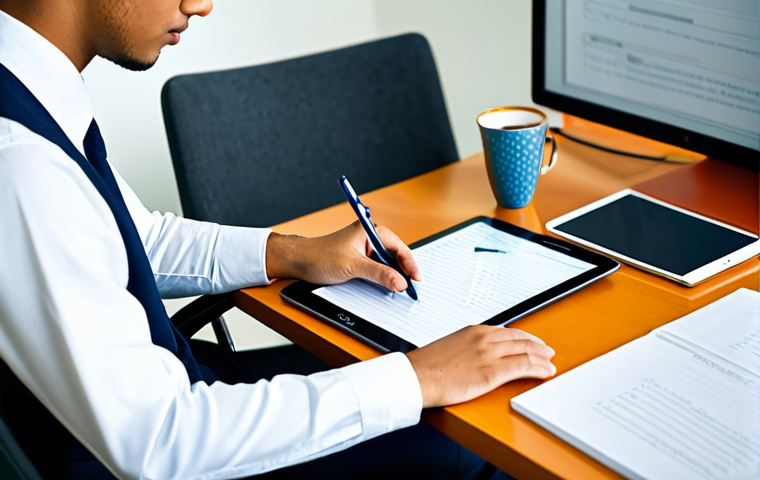A focused professional individual, fully clothed in modest business casual attire, is seated comfortably at a modern, well-lit study desk. They are actively engaged with a tablet, which displays a digital flashcard interface, indicating the use of a spaced repetition system. Nearby are neatly stacked books, a pen, and a warm beverage. The background is a blurred, inviting modern office or home study environment, emphasizing concentration without distraction. The overall image conveys a sense of quiet dedication and intellectual pursuit. professional photography, high quality, perfect anatomy, correct proportions, natural pose, well-formed hands, proper finger count, natural body proportions, safe for work, appropriate content, fully clothed, professional dress, family-friendly.