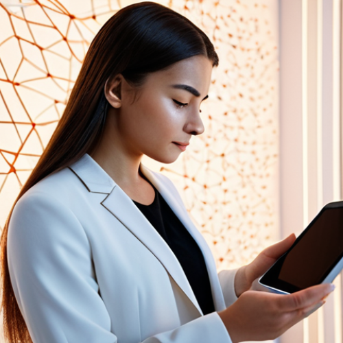 A young professional, fully clothed in modest, appropriate attire, deeply focused while interacting with a tablet that displays an advanced Spaced Repetition System interface. Subtle, abstract glowing lines and nodes emanate from the tablet, symbolizing strengthened neural connections and efficient knowledge retention. The background is a minimalist, modern study space with warm, inviting lighting. Perfect anatomy, correct proportions, natural pose, well-formed hands, proper finger count, natural body proportions, professional photography, high quality, safe for work, appropriate content, fully clothed, professional.