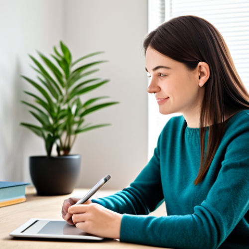 A professional, focused individual, appearing to be a student or a lifelong learner, fully clothed in a modest, smart casual outfit consisting of a professional sweater and well-fitted trousers. They are seated comfortably at a modern, minimalist desk in a bright, well-lit home office, engaging with educational content displayed on a tablet. The background features a blurred, clean wall and a small, vibrant potted plant, symbolizing growth and knowledge. The atmosphere is calm and conducive to efficient learning. safe for work, appropriate content, perfect anatomy, correct proportions, natural pose, well-formed hands, proper finger count, natural body proportions, professional photography, high quality, family-friendly.